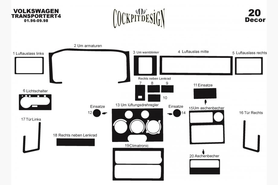 Volkswagen T4 Transporter 1990-2003 Nakładki na deskę rozdzielczą (1996-1999) Drewno Zdjęcia 4