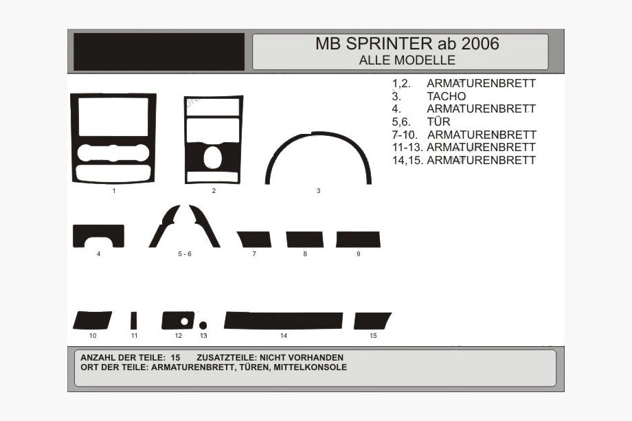 Mercedes Sprinter W906 2006–2018 Zestaw wykończenia deski rozdzielczej (15 elementów, VIP-Hartman) Aluminium Image