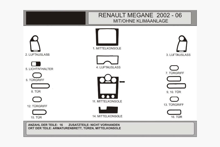 Renault Megane II 2004-2009 Zestaw nakładek na deskę rozdzielczą 16 elementów (Hartman, Polska) Image